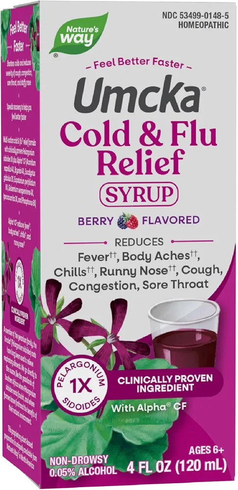 Nature's Way Umcka Cold and Flu Relief Syrup, Fever*, Sore Throat, Cough, Congestion, Body Aches*, Homeopathic, Phenylephrine Free, 0.05% Alcohol, Berry Flavored, 4 Fl Oz 