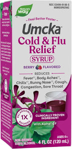 Nature's Way Umcka Cold and Flu Relief Syrup, Fever*, Sore Throat, Cough, Congestion, Body Aches*, Homeopathic, Phenylephrine Free, 0.05% Alcohol, Berry Flavored, 4 Fl Oz 