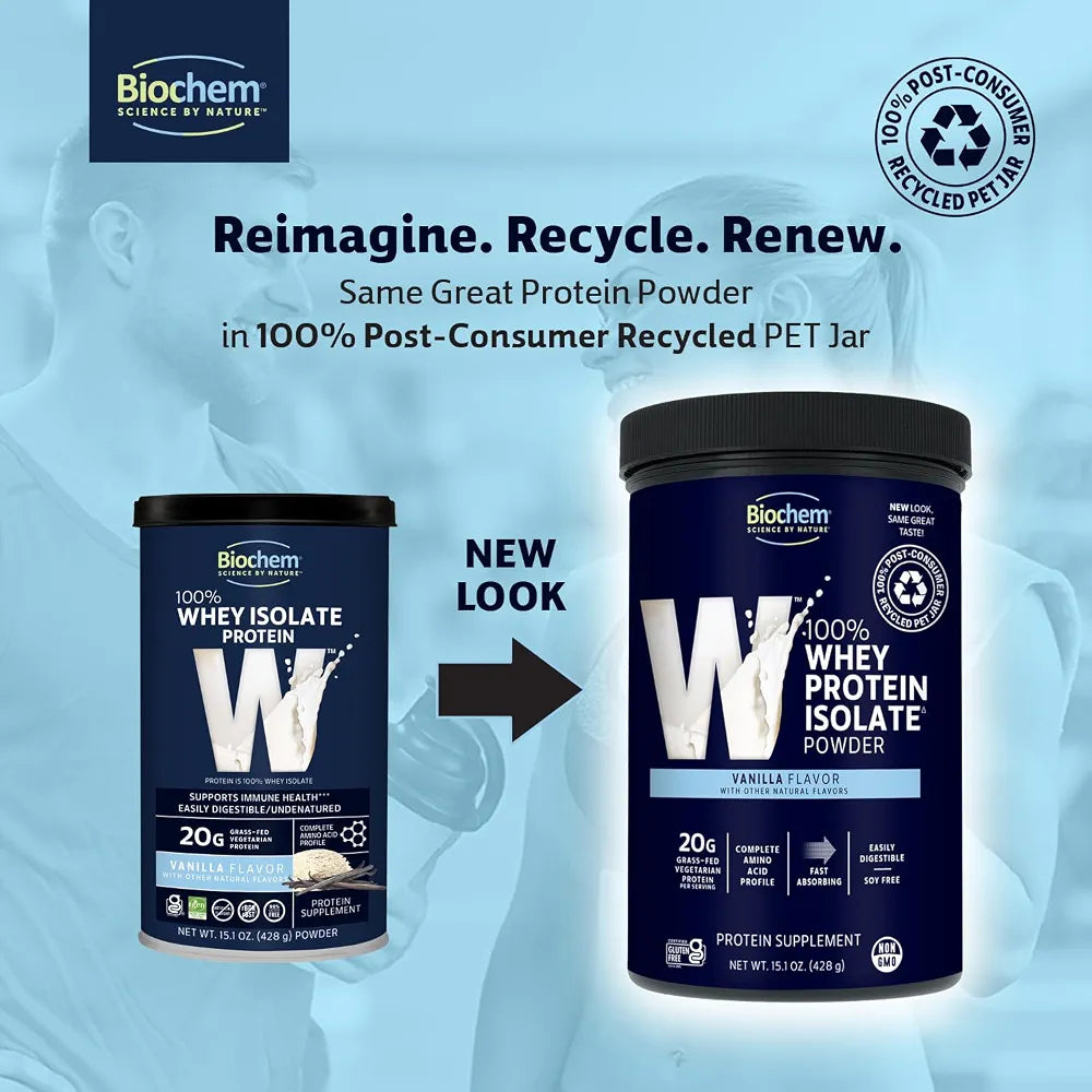Biochem 100% Whey Isolate Protein - Vanilla Flavor - 15.1 Ounce - Supports Immune Health - Easily Digestible - Refreshing Taste - 20g Vegetarian Protein - Amino Acids