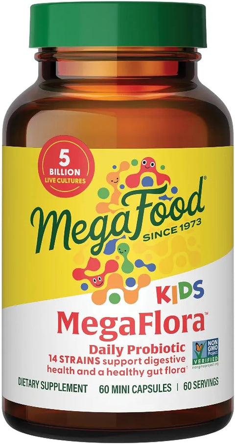 MegaFood MegaFlora Kids Probiotics - 5 Billion CFUs - Non-GMO, Vegetarian, Made Without 9 Food Allergens, Probiotics for Digestive Health- 60 Mini Capsules 