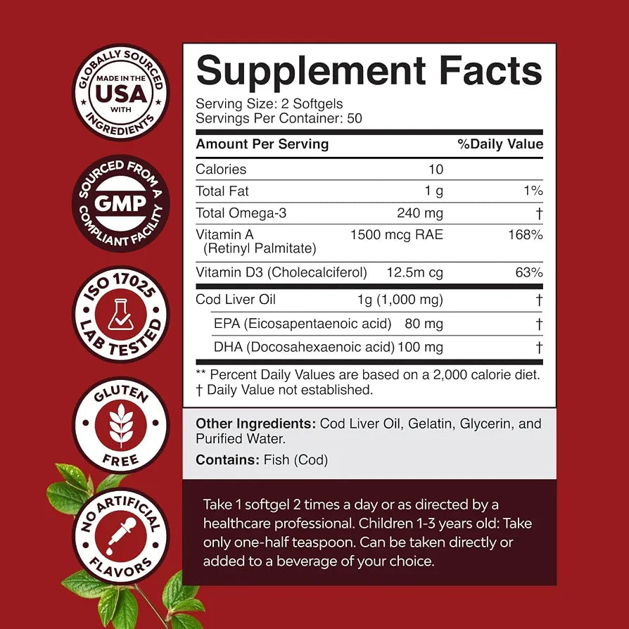 Icelandic Wild Caught Cod Liver Oil Softgels - Fish Omega 3, EPA, DHA, Vitamin D & A, 1000mg Per Serving - Burpless Capsules for Heart, Joint, Brain & Immune Support - 100 Count