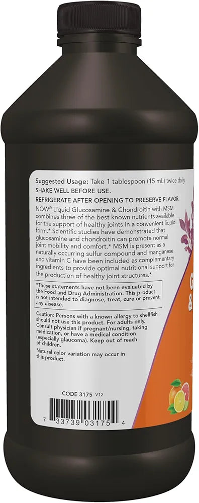 NOW Supplements, Glucosamine & Chondroitin with MSM, Liquid, Joint Health, Mobility and Comfort*, 16-Ounce