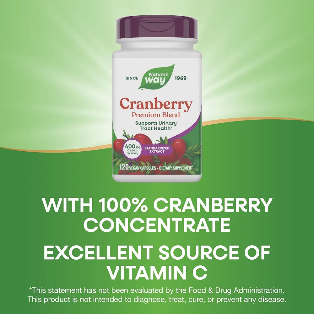 Nature's Way Premium Blend Cranberry, Urinary Tract Health Support*, with 100% Cranberry Concentrate, 400 mg Per Serving, 120 Capsules 