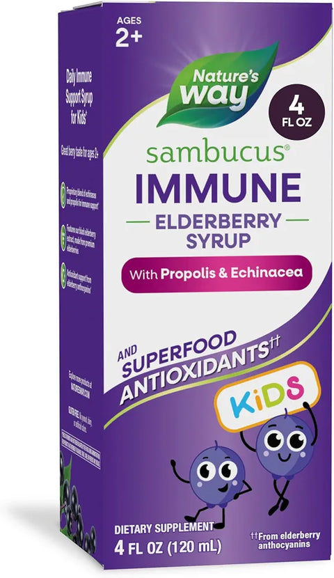 Nature's Way Sambucus Kids Immune Elderberry Syrup, Black Elderberry Extract with Echinacea & Propolis, Traditional Immune Support for Children with Superfood Antioxidants, Berry Flavored, 4 Fl Oz