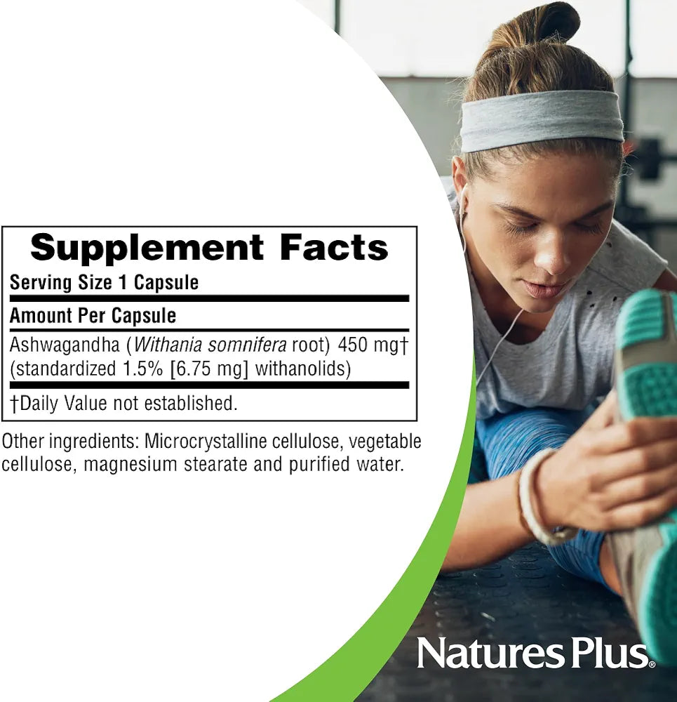 NaturesPlus Herbal Actives Ashwagandha 450 mg - 60 Vegetarian Capsules - Prescription Quality - Gluten Free - 60 Servings