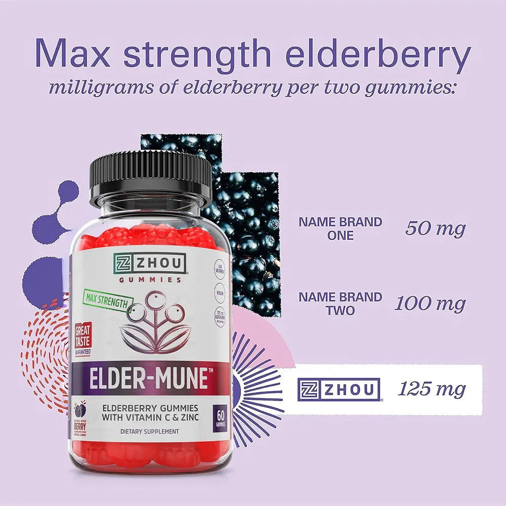 ZHOU Elder-Mune Elderberry Gummies with Vitamin C and Zinc - 60 Gummies