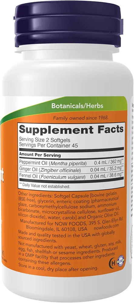 NOW Foods Supplements, Peppermint Gels with Ginger & Fennel Oils, Enteric Coated, Digestive Support*, 90 Softgels