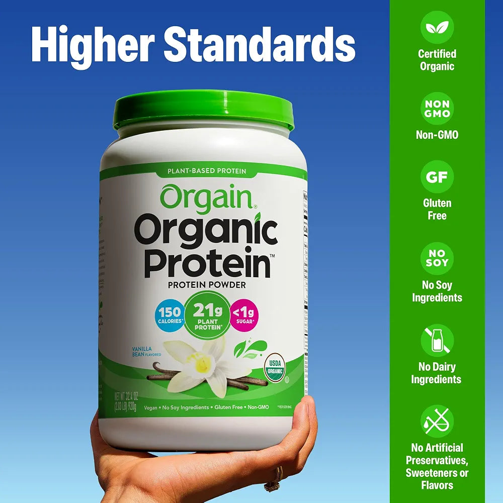 Orgain Organic Vegan Protein Powder, Vanilla Bean - 21g Plant Protein, 6g Prebiotic Fiber, No Lactose Ingredients, No Added Sugar, Non-GMO, for Shakes & Smoothies, 2.03 lb 