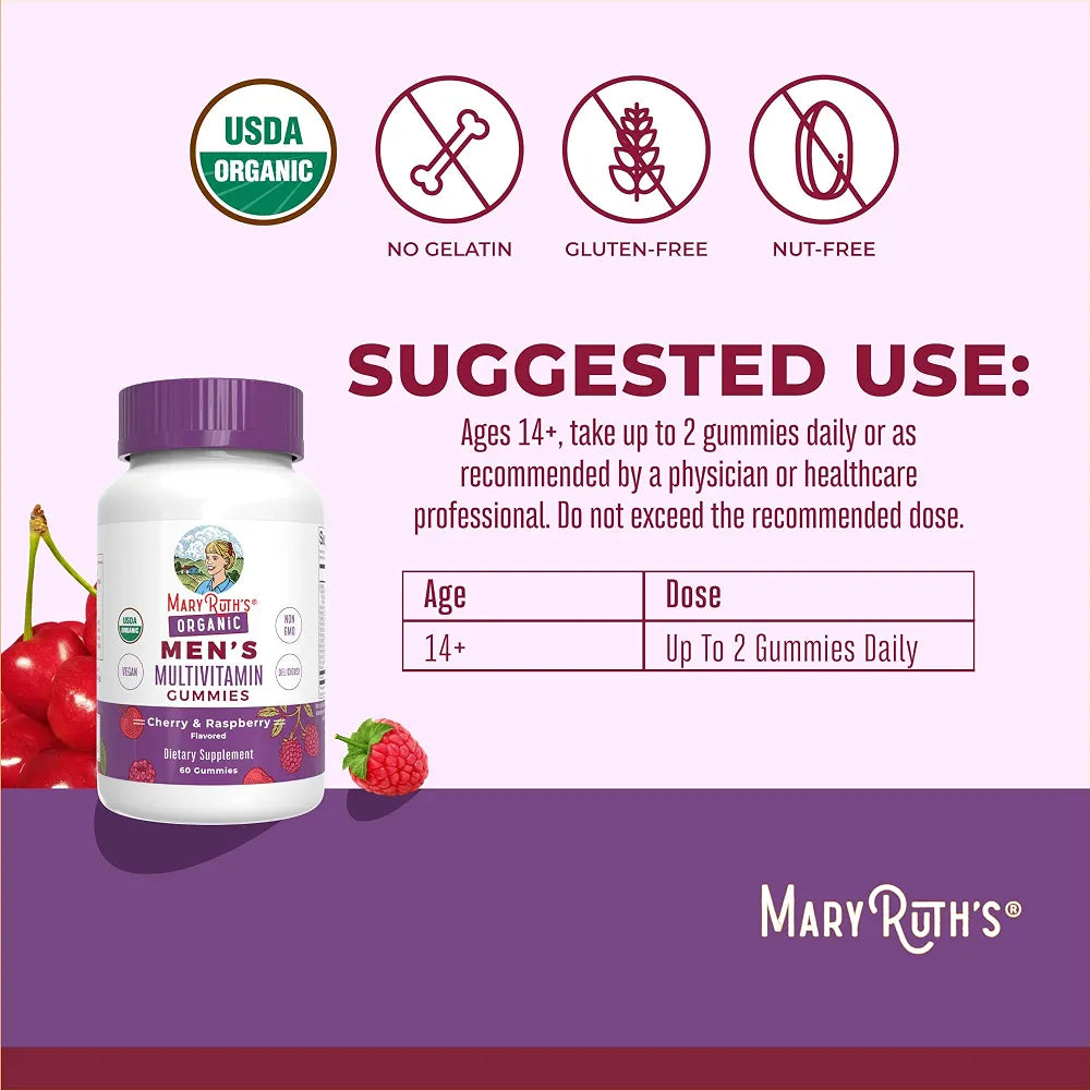 MARYRUTH'S Organics Mens Vitamin Gummy | USDA | Vegan | Daily Multivitamins for Immune Support | Non-GMO | Gluten Free | 60 Count
