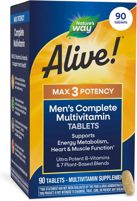 Nature's Way Alive! Men's Max3 Potency Daily Multivitamin, High Potency Multivitamin for Men with B-Vitamins for Cellular Energy*, Supports Heart, Muscle and Eye Health*, 90 Tablets