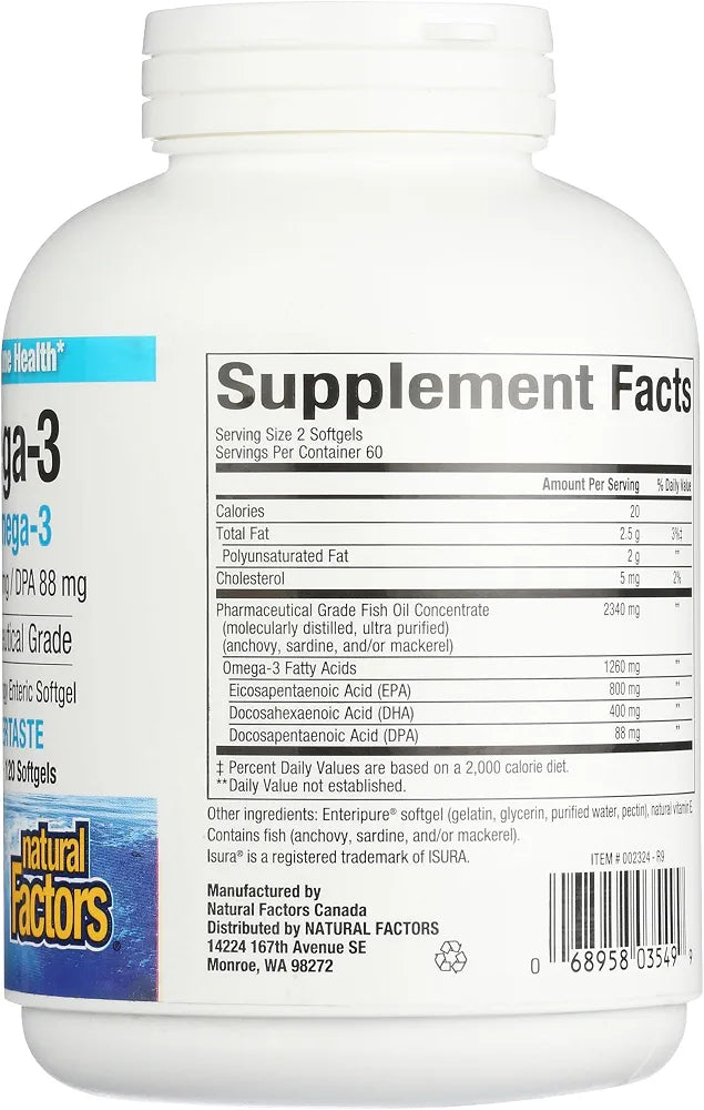 Natural Factors RxOmega-3 - Brain & Heart Health Support - Eye Health Supplement with EPA & DHA - Natural Supplement with Omega-3 Fatty Acids - 120 Softgels 