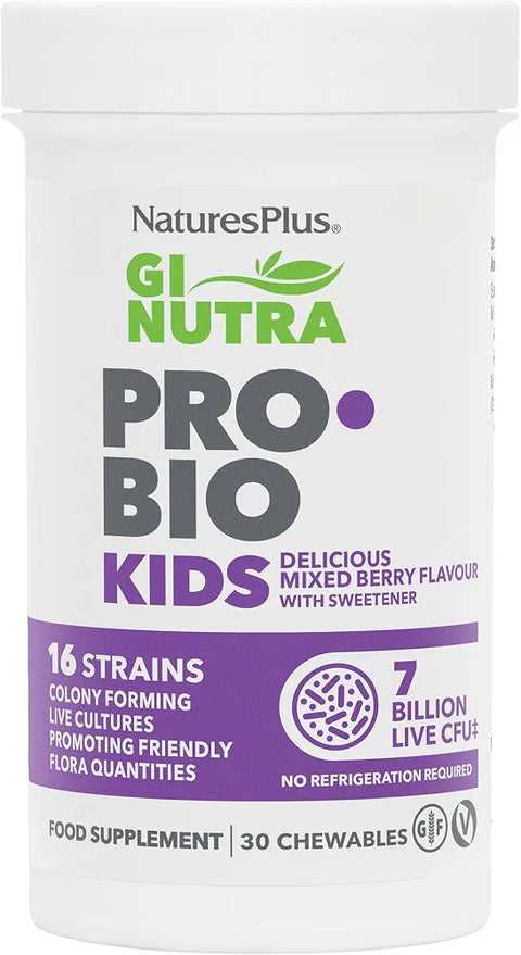 NaturesPlus GI Natural Probiotic Kids, Mixed Berry - 30 Chewables - Digestive & Immune Health Just for Kids - Gluten Free - 30 Servings