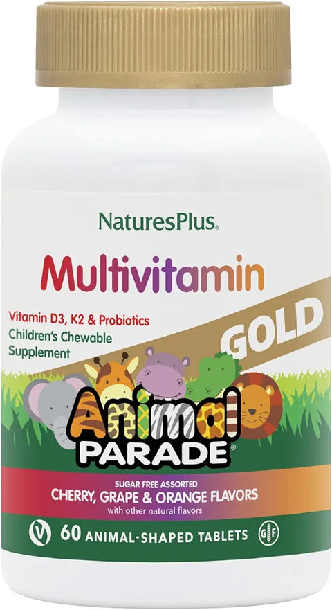 NaturesPlus Animal Parade Source of Life Gold Children's Chewable Multivitamin - Assorted Cherry, Orange & Grape Flavors - 60 Chewable Tablets - Vegetarian, Gluten-Free - 30 Servings