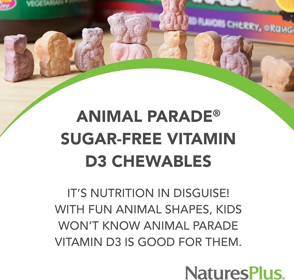 Natures Plus Animal Parade Sugar-Free Children's Vitamin D3 - 500 IU - Black Cherry Flavor - 90 Chewable Animal Shaped Tablets - Bone Health & Immune System Support - 90 Servings