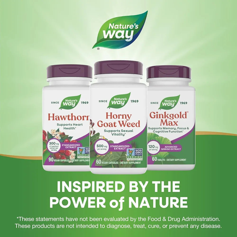 Nature's Way Horny Goat Weed, Standardized Extract, Supports Sexual Vitality*, 500 mg per Serving, Non-GMO Project Verified, 60 Vegan Capsules 