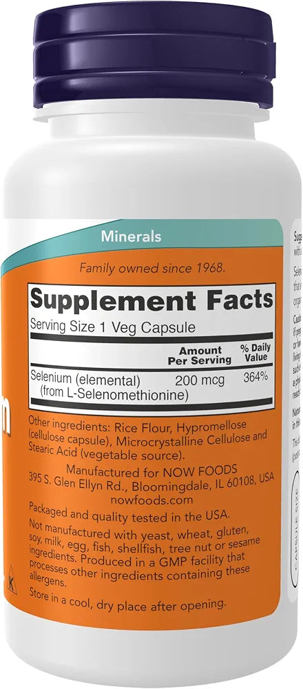 NOW Foods Supplements, Selenium  200 mcg, Essential Mineral*, 90 Veg Capsules