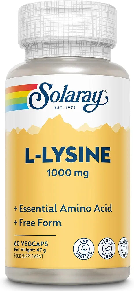 Solaray L-Lysine 1000mg, 60 Vegan Capsules, 500mg per Capsule | Amino Acid Supplement for Pre and Post Workout, Double Strength, 500mg per Capsule, Lab Verified, Magnesium Stearate Free