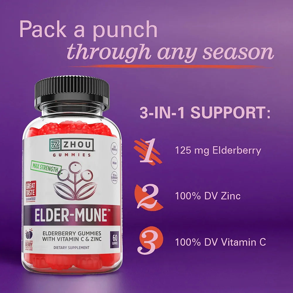 ZHOU Elder-Mune Elderberry Gummies with Vitamin C and Zinc - 60 Gummies