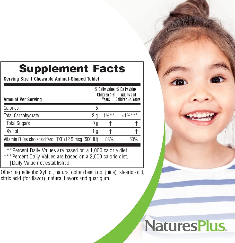Natures Plus Animal Parade Sugar-Free Children's Vitamin D3 - 500 IU - Black Cherry Flavor - 90 Chewable Animal Shaped Tablets - Bone Health & Immune System Support - 90 Servings