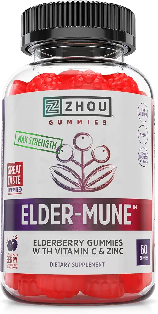 ZHOU Elder-Mune Elderberry Gummies with Vitamin C & Zinc, 60 Count