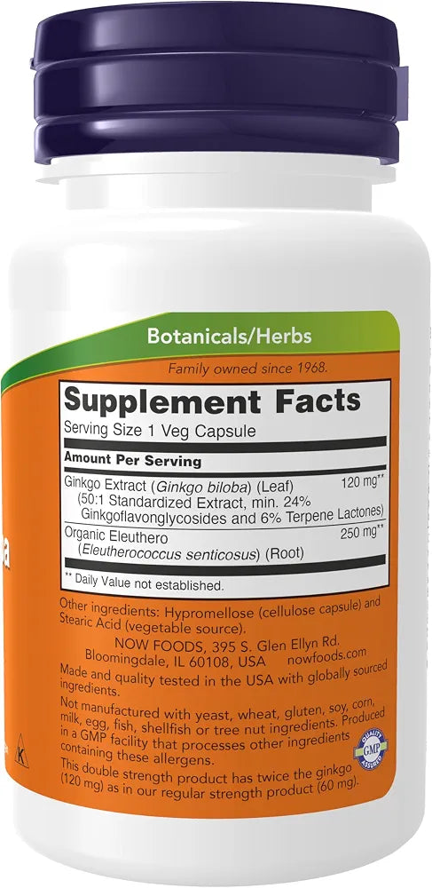 NOW Foods Supplements, Ginkgo Biloba 120 mg, Double Strength, Non-GMO Project Verified, 50 Veg Capsules