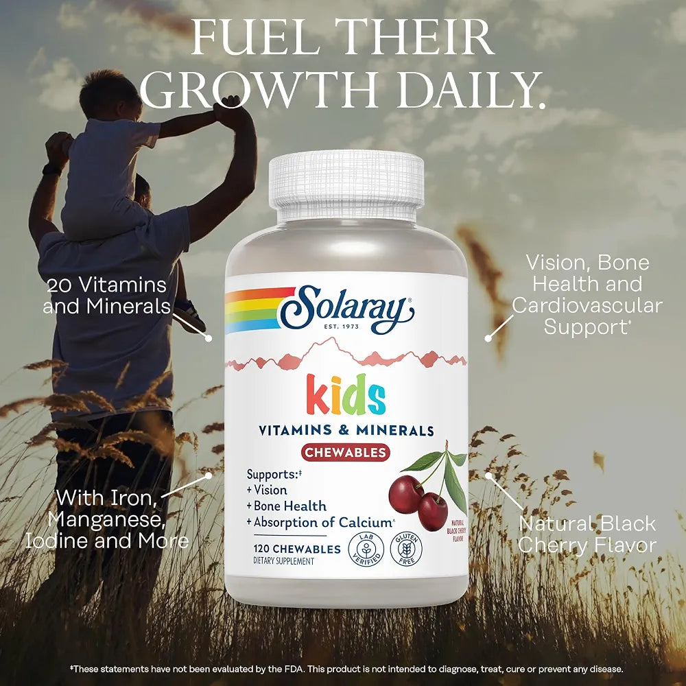SOLARAY Kid's Vitamins & Minerals, Multivitamin for Kids - Bones, Vision, Heart Health Support w/Vitamin C, Vitamin D and B2, Iron - Gluten Free, 120 Black Cherry Chewables, 60 Servings