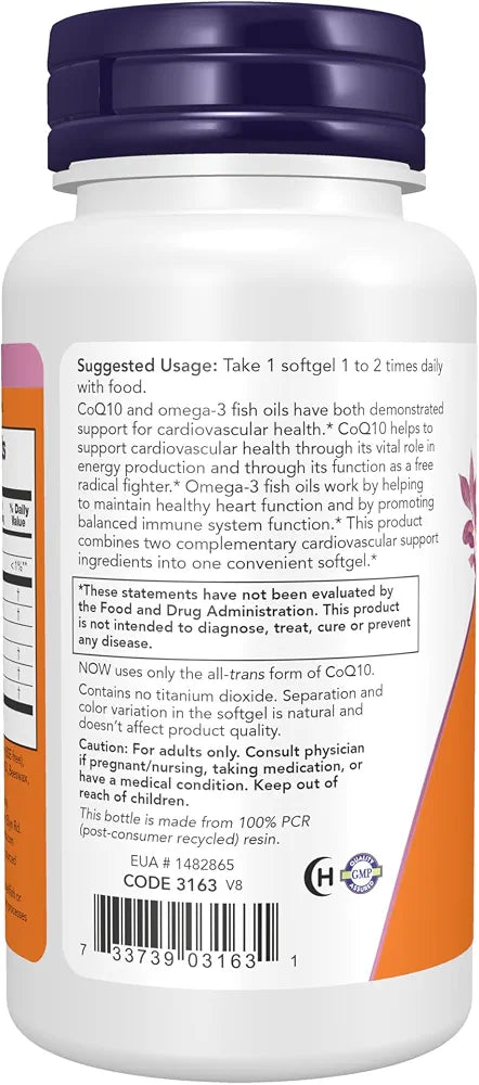 NOW Foods Supplements, CoQ10 60 mg with Omega 3 Fish Oil, Cardiovascular Health*, 60 Softgels