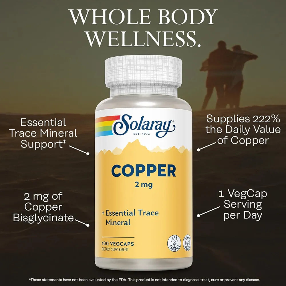 Solaray Copper 2mg - Chelated Copper Supplements for Women and Men, Essential Trace Mineral Pills from Amino Acid Chelate Complex for Overall Health Support - 100 Vegan Capsules