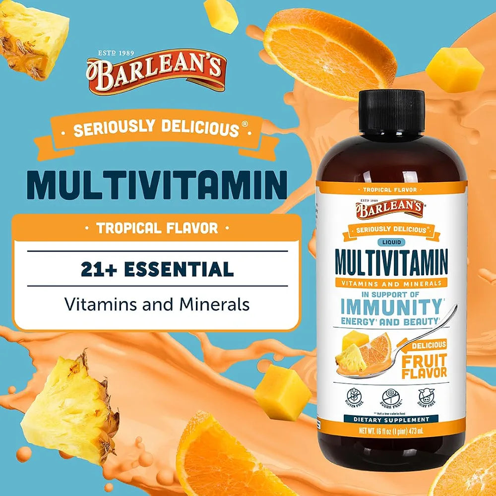 Barlean's Liquid Multivitamin for Women, Men & Kids, 21 Essential Vitamins & Minerals, Includes Biotin, B-Complex, Vitamins C, D3 & K2, Smoothie-Like Daily Supplement, Tropical Flavor, 16 fl oz