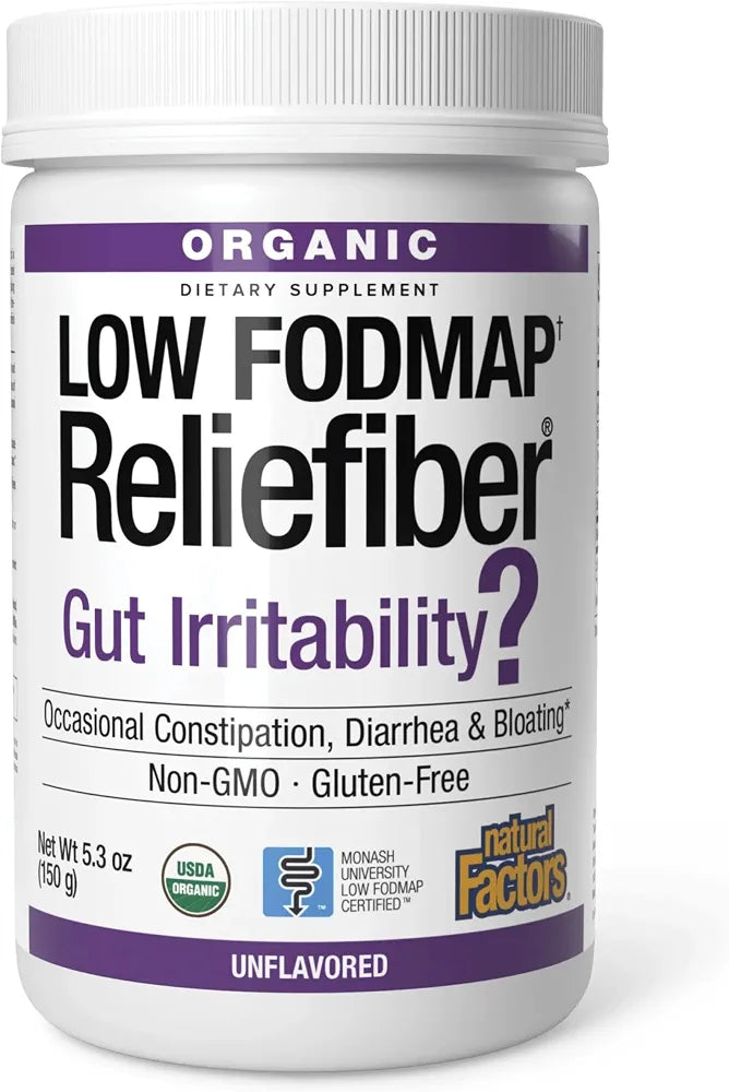Natural Factors Organic Low FODMAP Reliefiber Powder - Digestive Health Support Supplement with Dietary & Soluble Fiber - Gut Health Support Aids Mild Bloating - Unflavored, 5.3 oz 