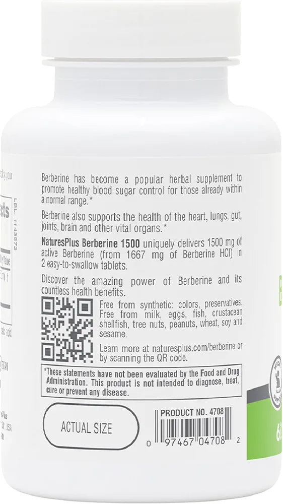 NaturesPlus PRO Berberine 1500 mg - 60 Tablets - Supports Healthy Metabolism - Non-GMO, Vegan & Gluten Free - 30 Servings