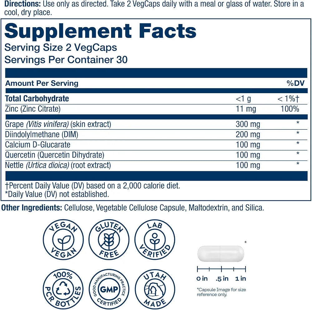 SOLARAY DIM Supplement for Men - Clinically Studied DIM 200mg Supports Hormone Balance - Plus Zinc and Quercetin - Vegan, Gluten Free - 30 Servings, 60 VegCaps