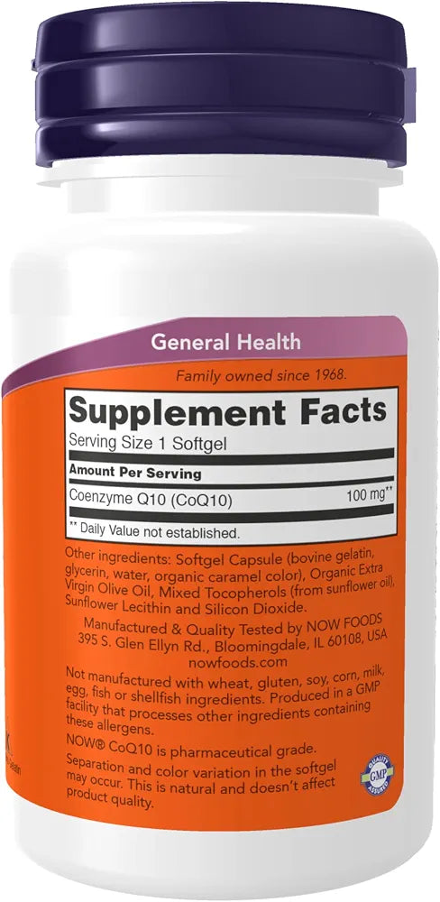 NOW Supplements, CoQ10  100 mg, Pharmaceutical Grade, Cardiovascular Health*, 50 Softgels