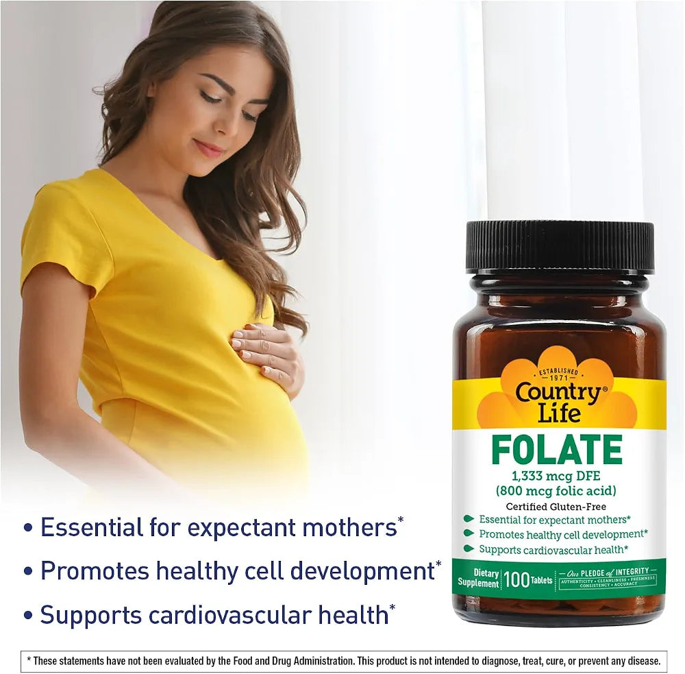 Country Life Folate 800 mcg , Supports Healthy Cell Development & Heart Health, Prenatal Support for Women, 100 Tablets, Certified Gluten-Free, Vegetarian, Kosher