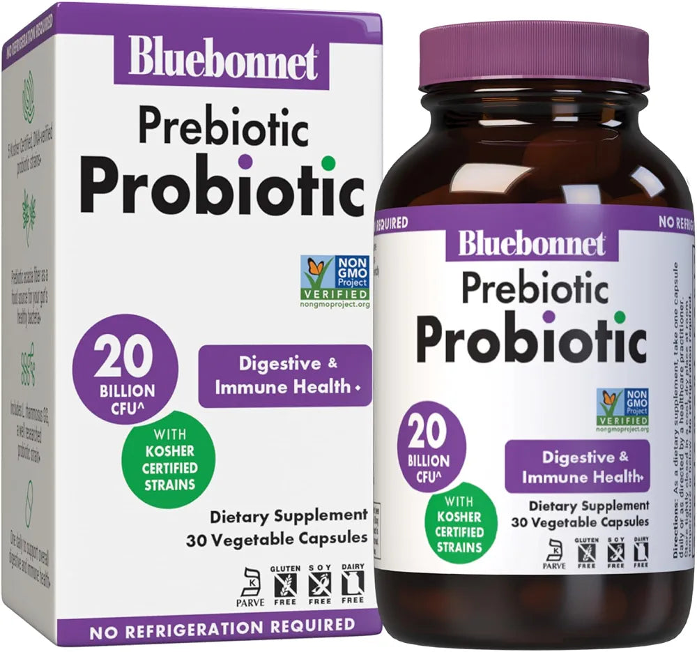 Bluebonnet Nutrition Prebiotic Probiotic 20 Billion CFU Shelf Stable - 5 Kosher Certified Strains – Digestion, Gut, & Immune* - Non-GMO, Gluten-Free, Soy-Free - 30 Vegetable Capsules, 30 Servings