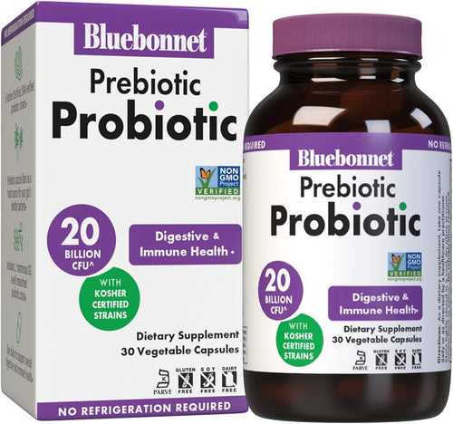 Bluebonnet Nutrition Prebiotic Probiotic 20 Billion CFU Shelf Stable - 5 Kosher Certified Strains – Digestion, Gut, & Immune* - Non-GMO, Gluten-Free, Soy-Free - 30 Vegetable Capsules, 30 Servings