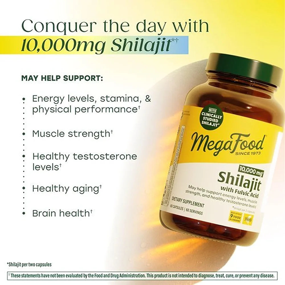 MegaFood Shilajit with Fulvic Acid - Shilajit for Men & Women - May Help Support Healthy Testosterone Levels, Muscle Strength & Energy Levels - Vegan, Gluten Free, 60 Capsules, 30 Day Supply