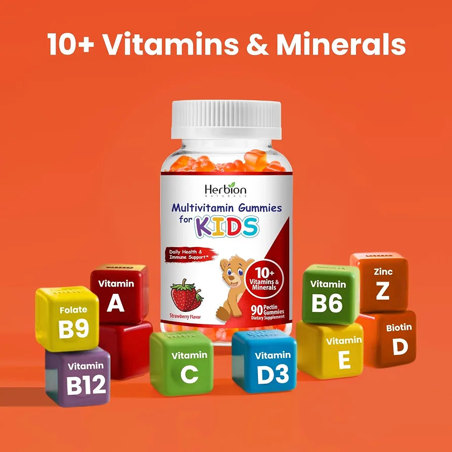 HERBION Naturals Multivitamin Gummies for Kids, Immune Support with Vitamin C, D3, B12, A, E & Zinc, Strawberry Flavor, Gluten Free, Vegan, Chewable Gummies for Vitality & Immunity, 90 CT, Pack of 1
