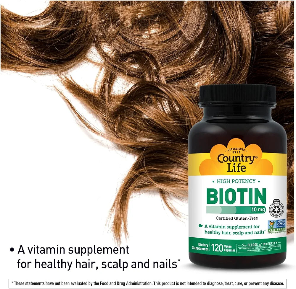 Country Life High-Potency Biotin 10mg - Vegan & Gluten-Free Biotin Supplement for Skin & Nails, Energy Metabolism - Biotin 10000mcg Capsules