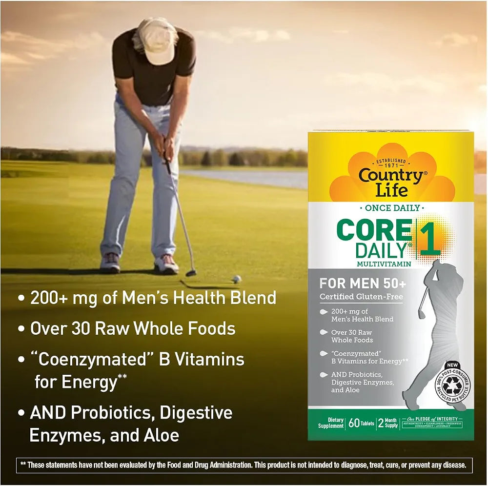 Country Life CORE Daily-1 Multivitamin for Men 50+ - Gluten-Free, Energy Support with Coenzymated B Vitamins, Probiotics, Whole Food and Digestive Enzymes, Certified Gluten Free, 60 Tablets