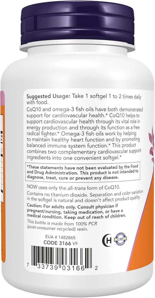 NOW Foods Supplements, CoQ10 60 mg with Omega 3 Fish Oil, Cardiovascular Health*, 120 Softgels