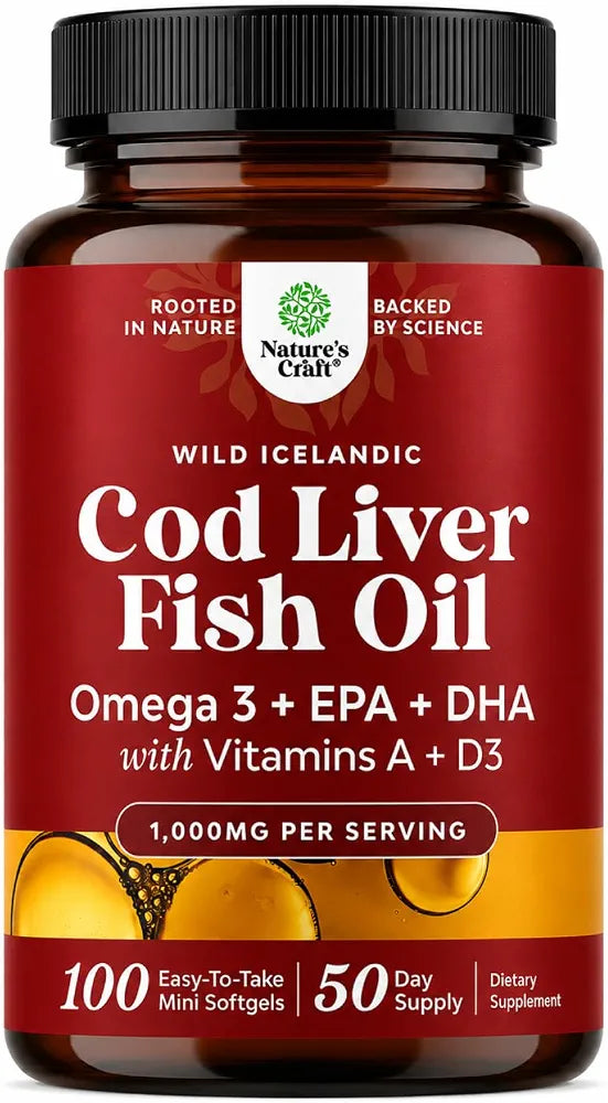 Icelandic Wild Caught Cod Liver Oil Softgels - Fish Omega 3, EPA, DHA, Vitamin D & A, 1000mg Per Serving - Burpless Capsules for Heart, Joint, Brain & Immune Support - 100 Count