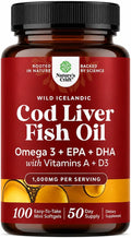 Icelandic Wild Caught Cod Liver Oil Softgels - Fish Omega 3, EPA, DHA, Vitamin D & A, 1000mg Per Serving - Burpless Capsules for Heart, Joint, Brain & Immune Support - 100 Count