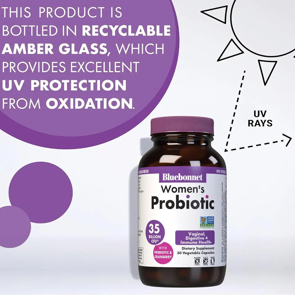 BlueBonnet Nutrition Women’s Probiotic 35 Billion CFU^ Shelf Stable - Urinary Tract, Vaginal pH, Digestive, Immune* - Prebiotic and Cranberry - Non-GMO, Free of Dairy, Gluten & Soy - 30 Servings