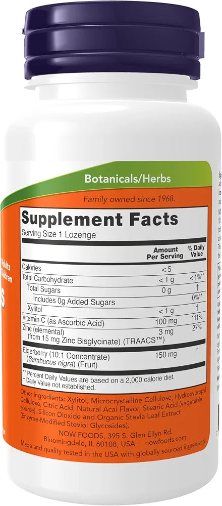 NOW Foods Sambucus Zinc-C Elderberry & Vitamin C Lozenges, 60 Count