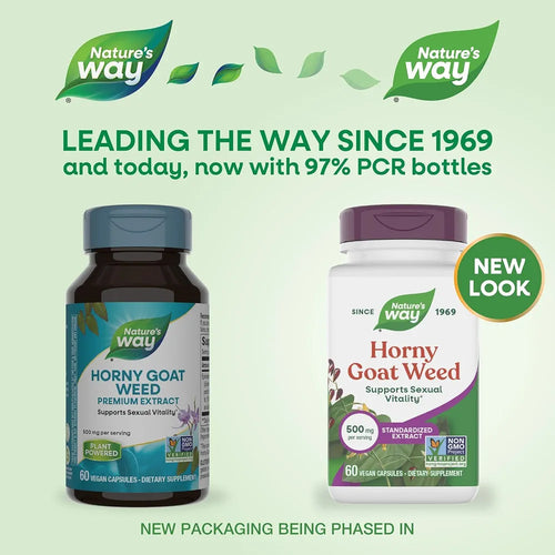 Nature's Way Horny Goat Weed, Standardized Extract, Supports Sexual Vitality*, 500 mg per Serving, Non-GMO Project Verified, 60 Vegan Capsules 