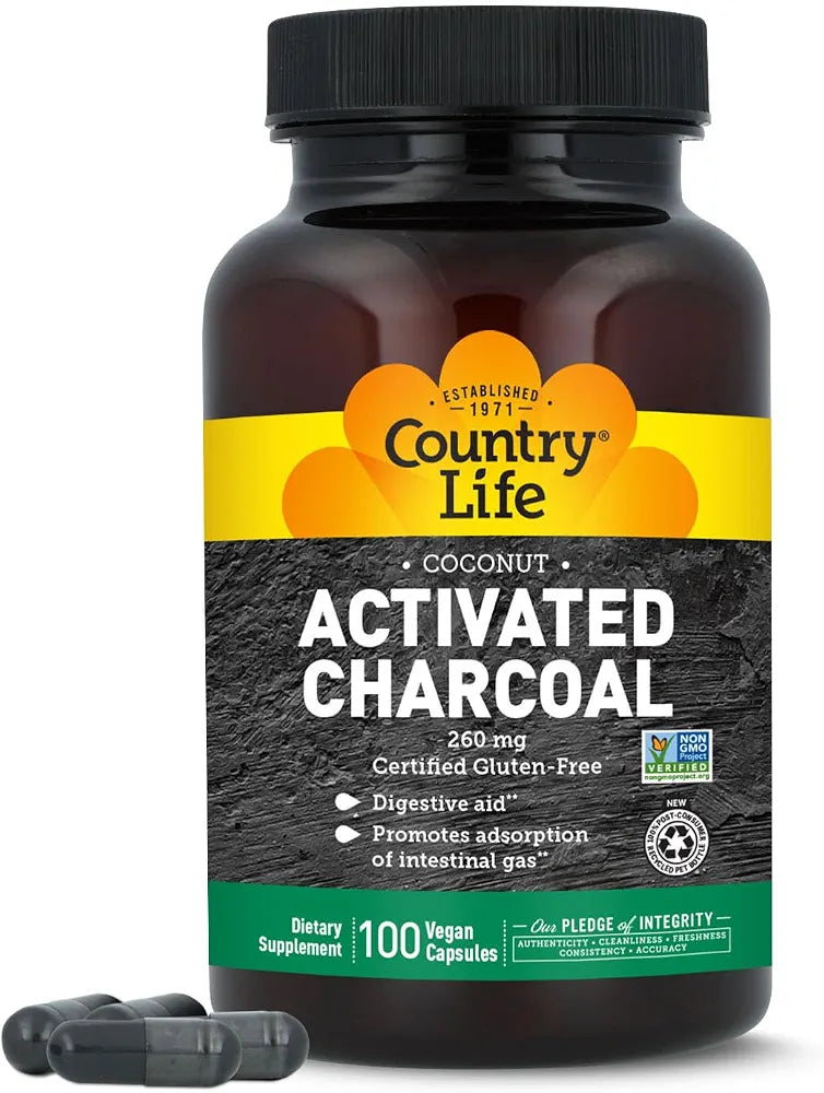 Country Life Coconut Activated Charcoal Capsules, 260mg – Natural Charcoal Supplement for Gas and Bloating Relief - Gluten-Free, 100 Vegan Capsules
