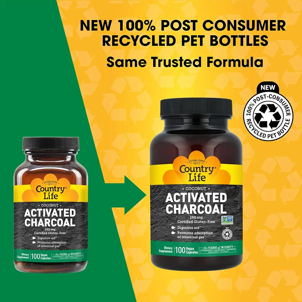 Country Life Coconut Activated Charcoal Capsules, 260mg – Natural Charcoal Supplement for Gas and Bloating Relief - Gluten-Free, 100 Vegan Capsules