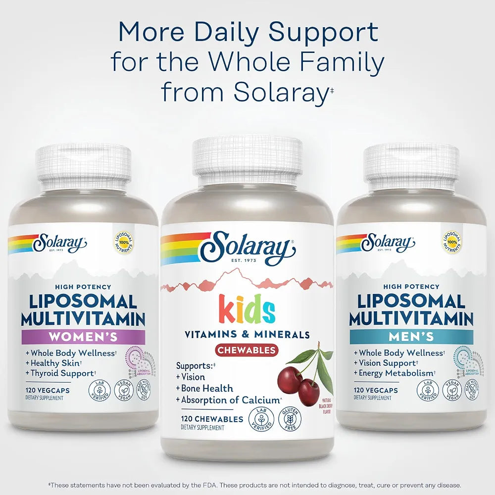 SOLARAY Kid's Vitamins & Minerals, Multivitamin for Kids - Bones, Vision, Heart Health Support w/Vitamin C, Vitamin D and B2, Iron - Gluten Free, 120 Black Cherry Chewables, 60 Servings