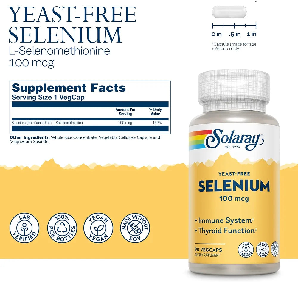 SOLARAY Selenium 100 mcg Supplement for Women & Men - Selenium 100mcg Capsules, Thyroid & Immune Health Support, Yeast Free, L Selenomethionine, Antioxidant Support, Vegan - 90 Veg Caps